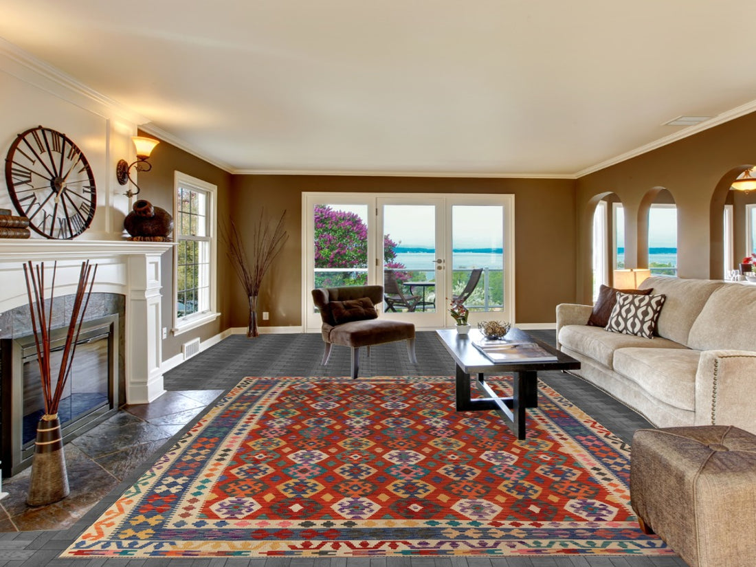 All-Over Geometric Wool Kilim Oriental Area Rug 8x12