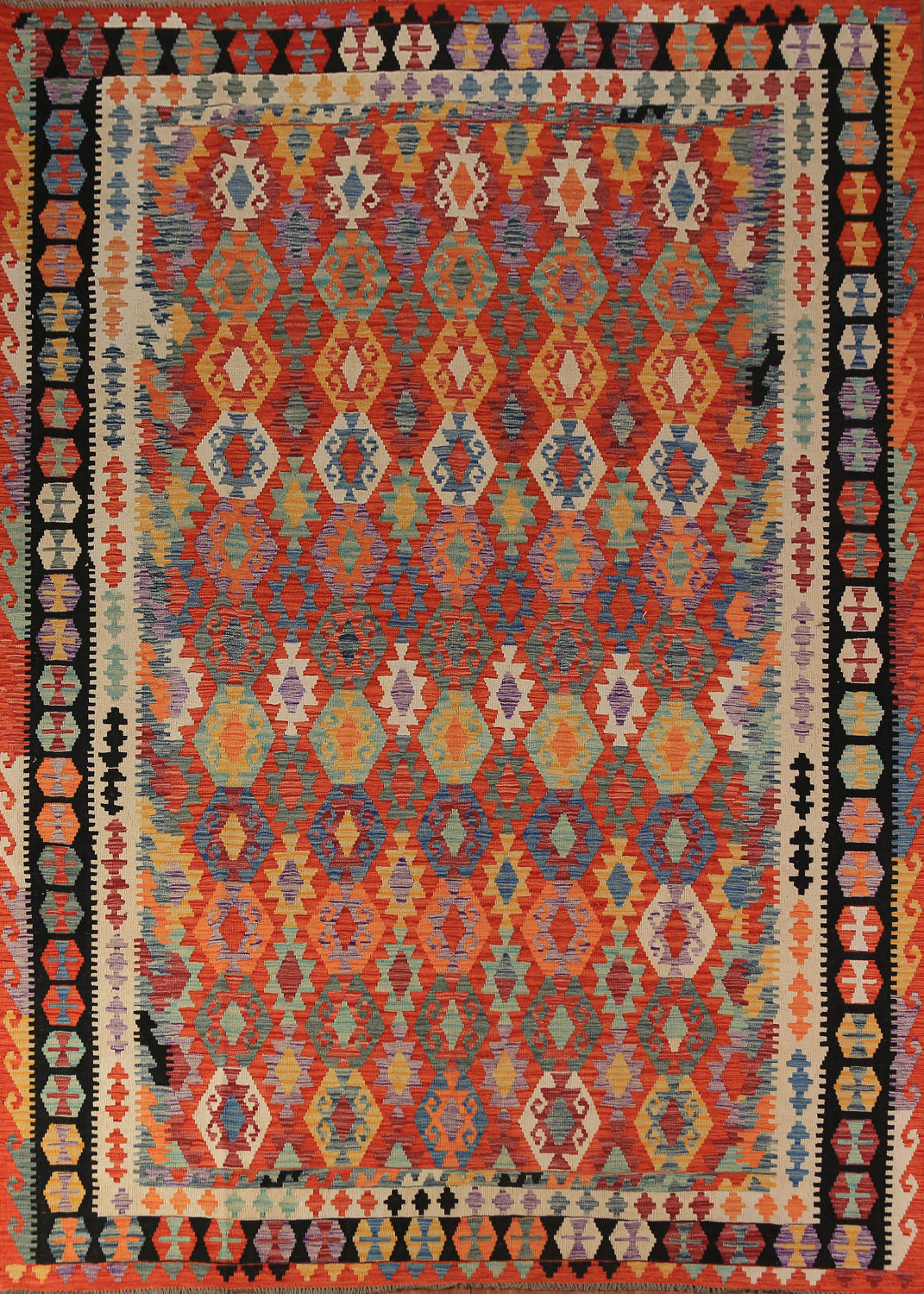 Orange Wool Geometric Kilim Oriental Area Rug 9x11