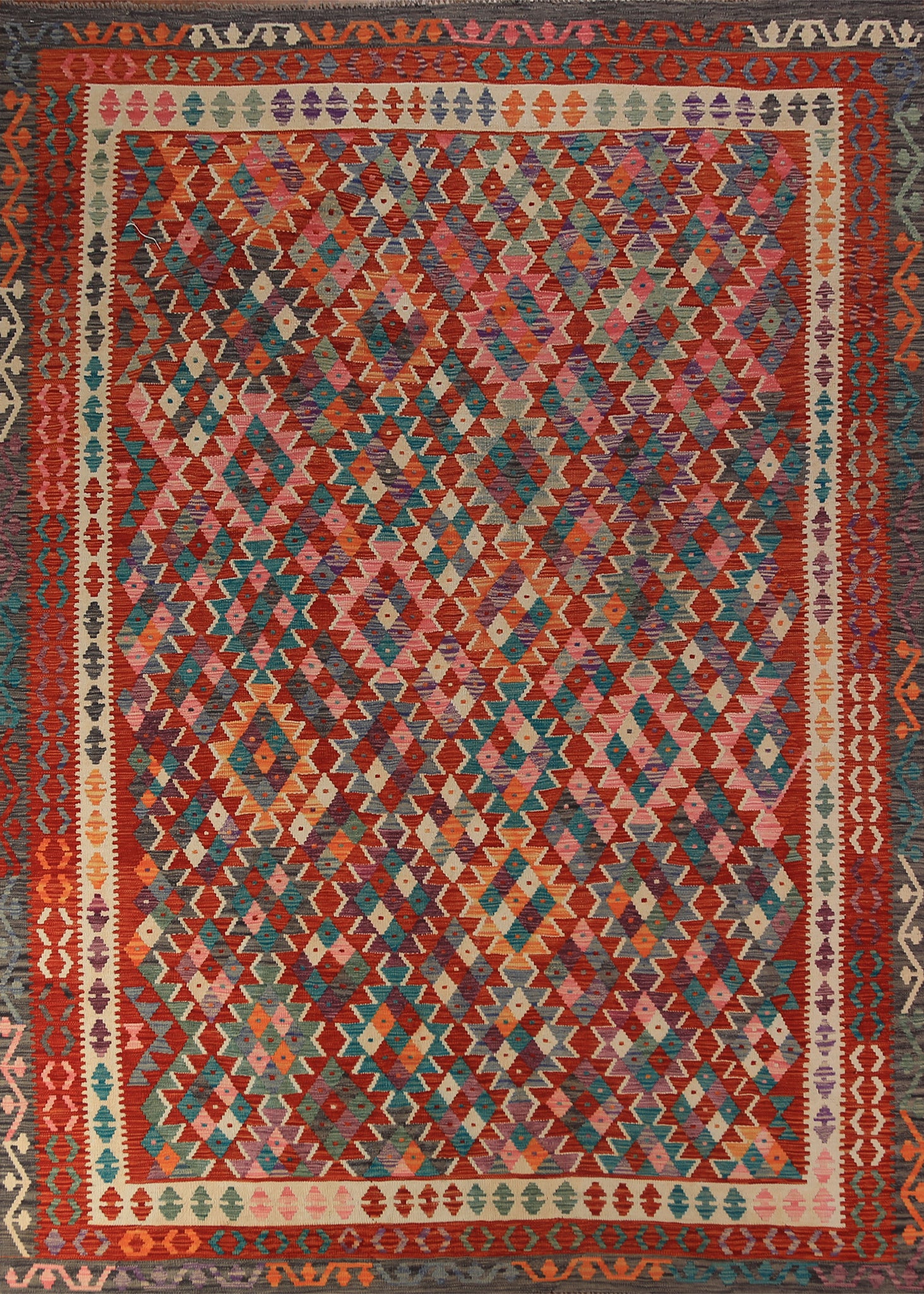 Geometric Wool Orange Kilim Oriental Area Rug 8x11