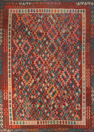 Geometric Wool Orange Kilim Oriental Area Rug 8x11