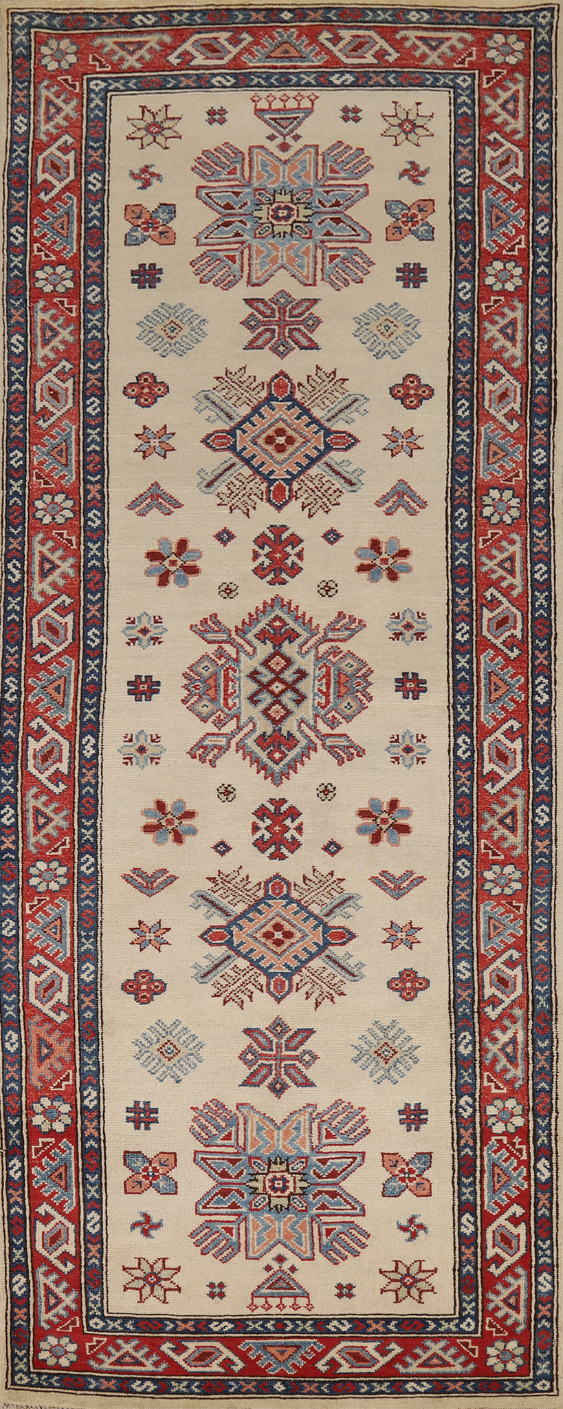 Ivory Wool Kazak Oriental Runner Rug 3x8