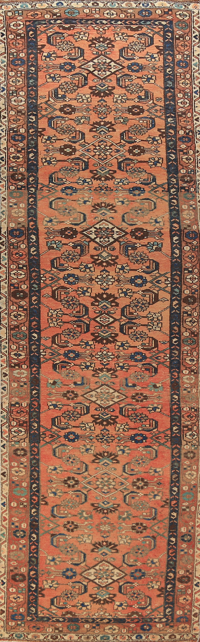 Vintage Wool Geometric Hamedan Persian Runner Rug 3x14