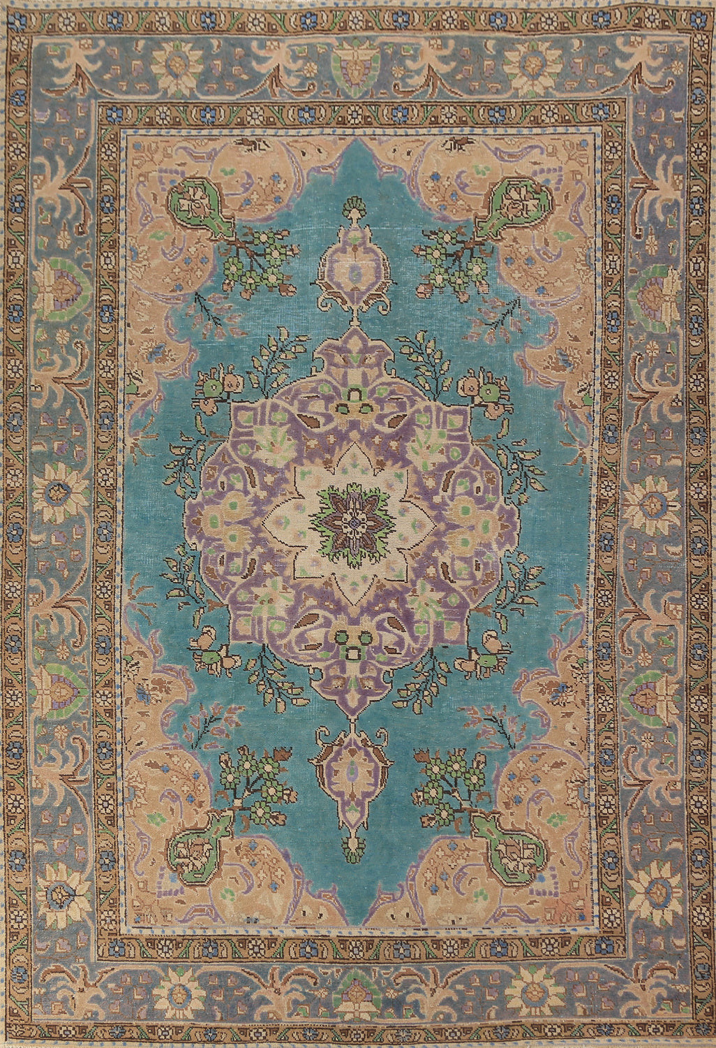 Turquoise Blue Medallion Tabriz Persian Area Rug 6x10