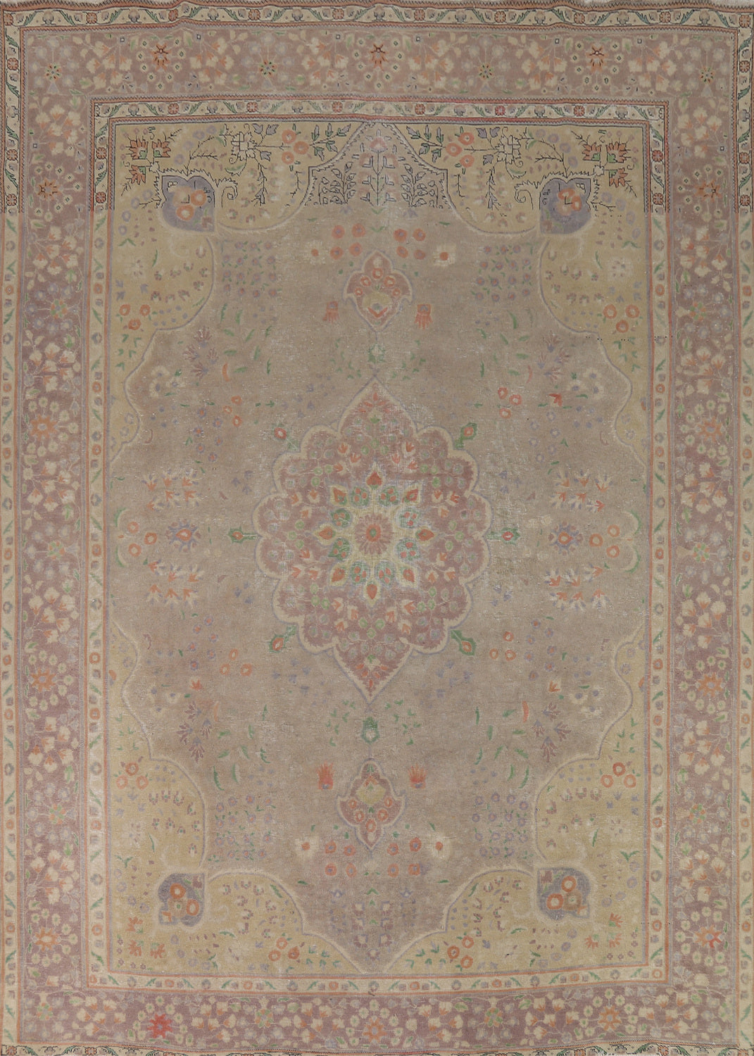 Distressed Wool Brown Tabriz Persian Area Rug 10x13