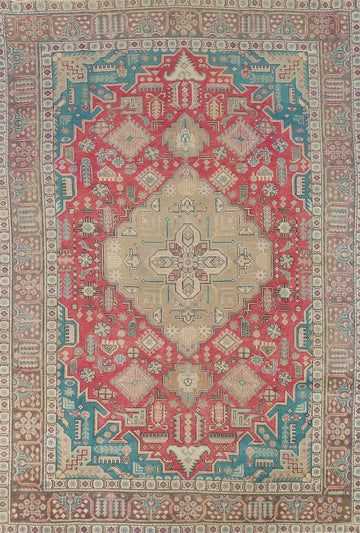 Pink Red Wool Geometric Tabriz Persian Area Rug 7x10