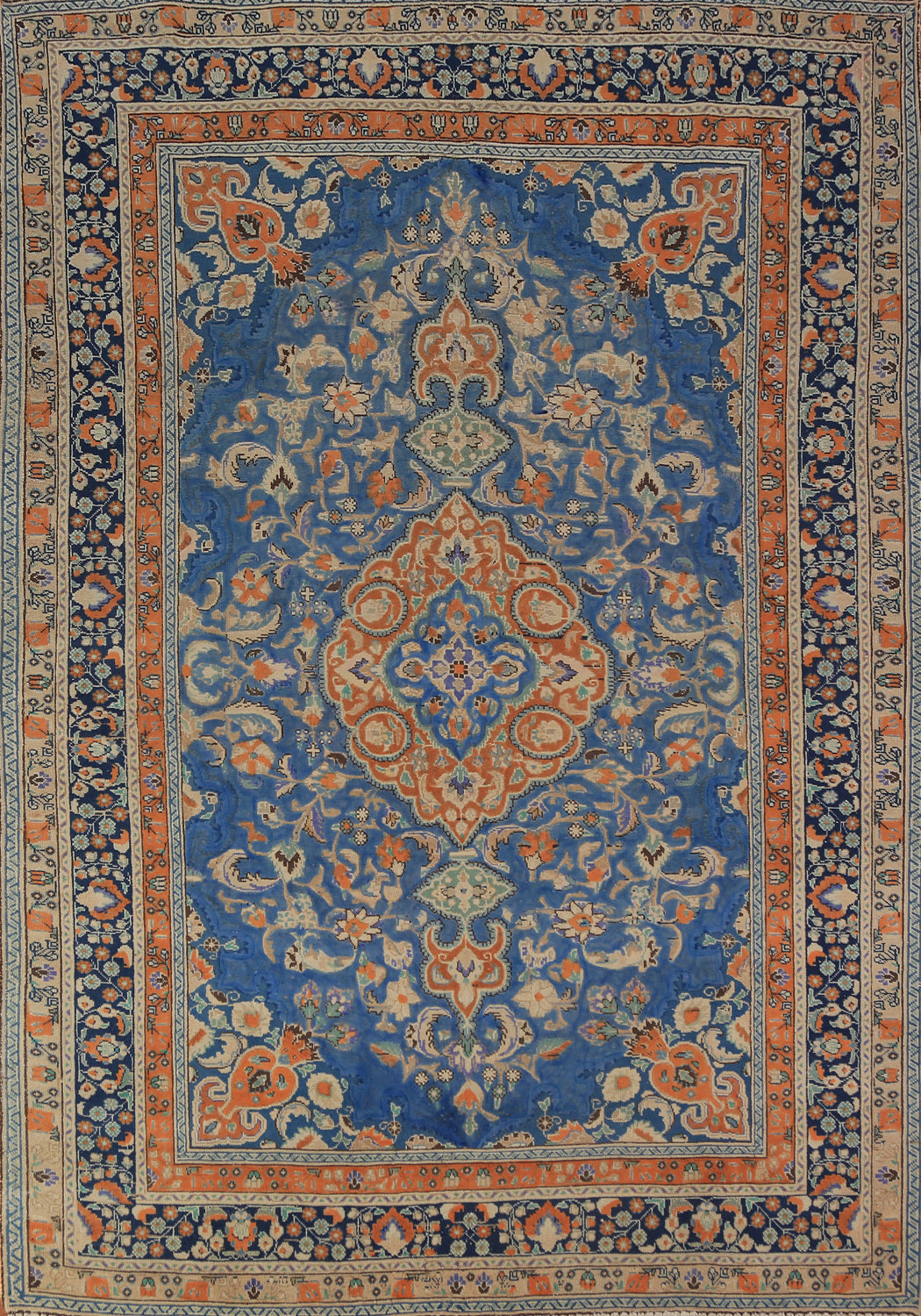 Blue & Orange Wool Tabriz Persian Area Rug 7x9