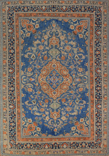 Blue & Orange Wool Tabriz Persian Area Rug 7x9
