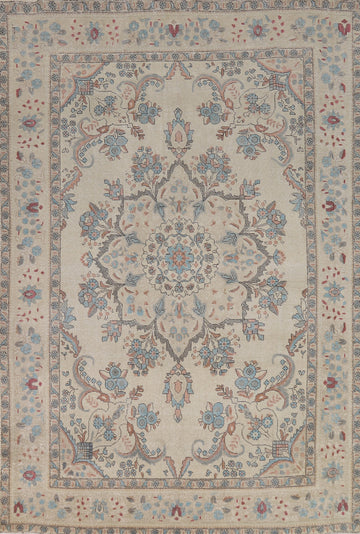 Ivory Wool Medallion Tabriz Persian Area Rug 7x10