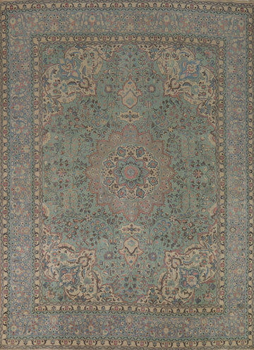 Green Floral Wool Tabriz Persian Area Rug 10x13