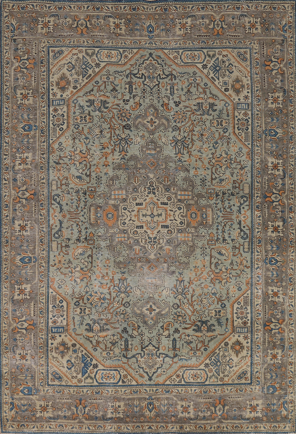 Green Geometric Tabriz Persian Area Rug 7x10