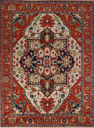 Ivory & Orange Wool Heriz Serapi Indian Area Rug 9x12
