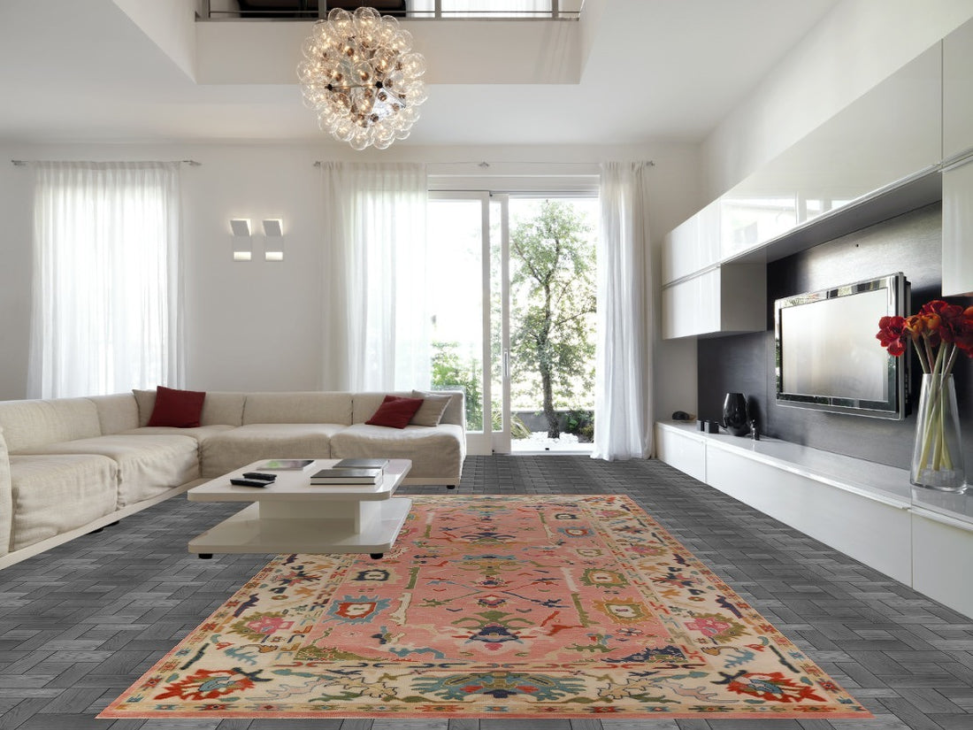 Handmade Pink & Ivory Oushak Indian Large Rug 9x18