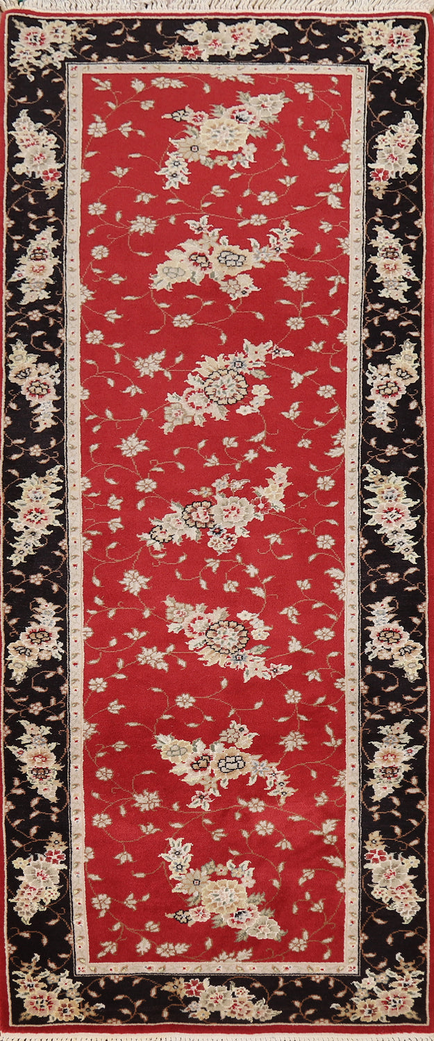 Wool & Silk Red Floral Tabriz Chinese Runner Rug 2x8