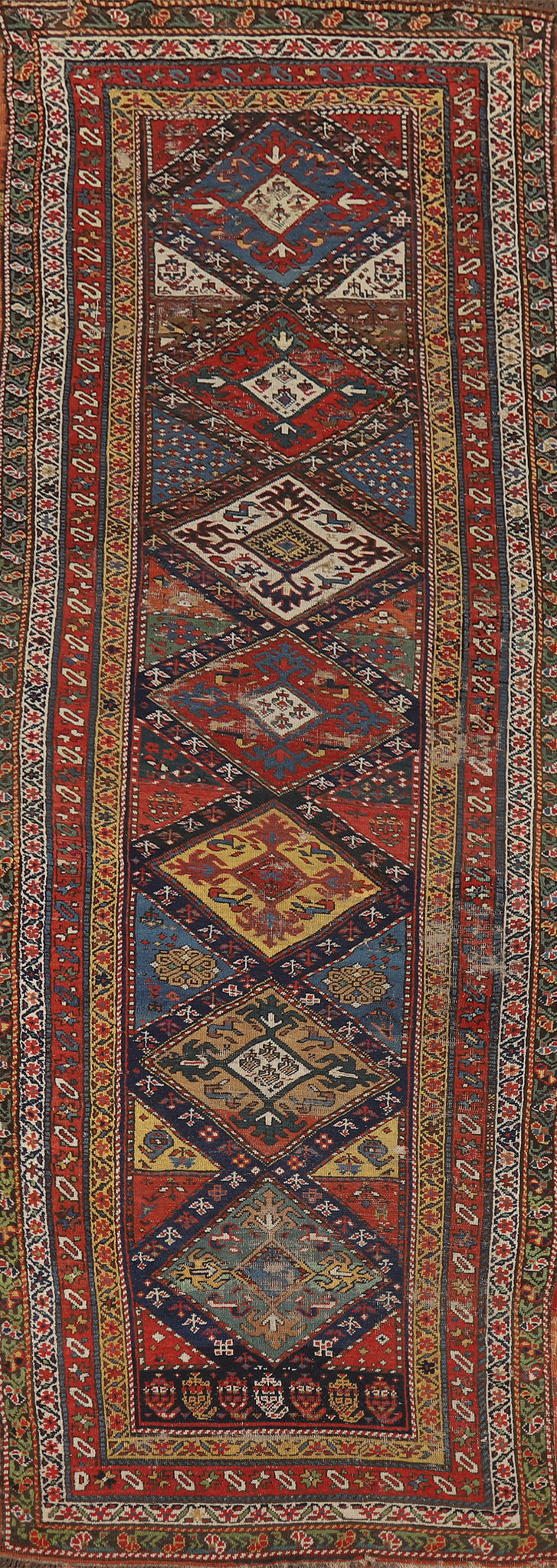 Pre-1900 Antique Vegetable Dye Kazak Oriental Runner Rug 4x13