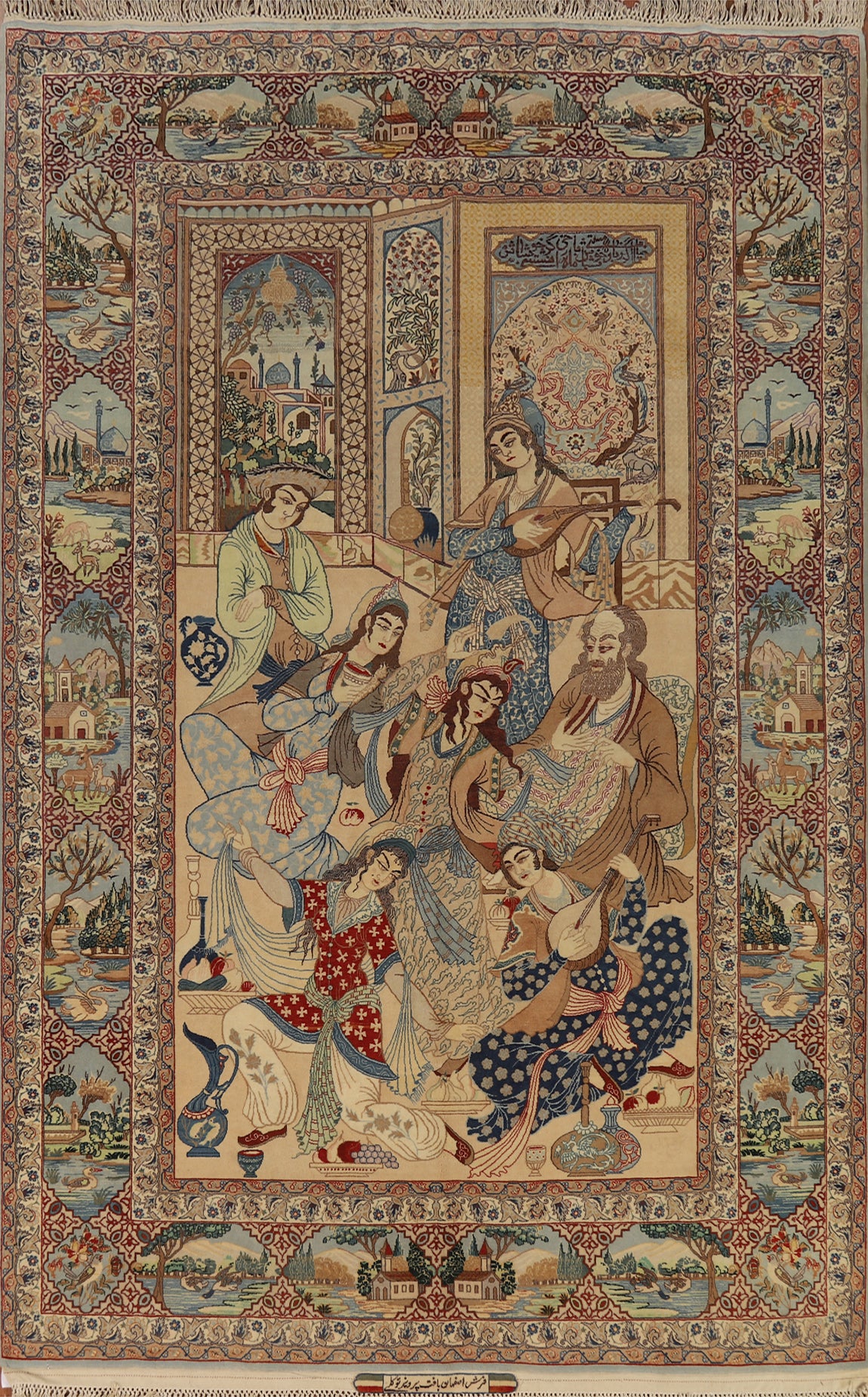 Vegetable Dye Pictorial Signed Isfahan Persian Area Rug 5x8