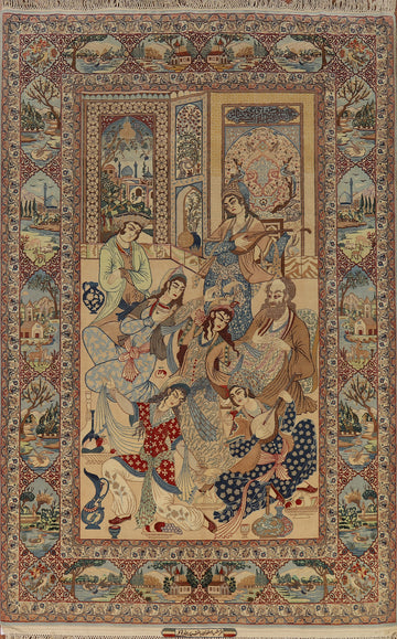 Vegetable Dye Pictorial Signed Isfahan Persian Area Rug 5x8