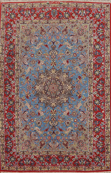 Vegetable Dye Wool & Silk Blue Signed Isfahan Persian Rug 4x6