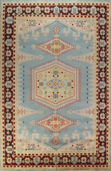 Light Blue Geometric Viss Oriental Large Rug 10x14
