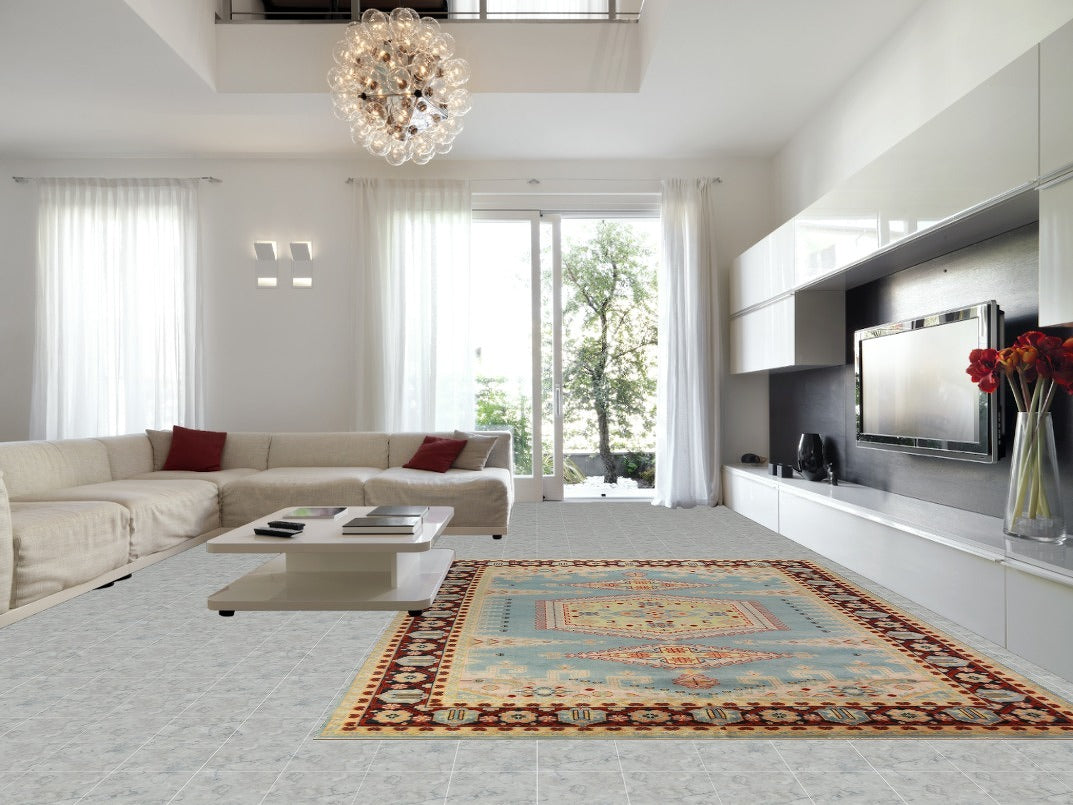 Light Blue Geometric Viss Oriental Large Rug 10x14