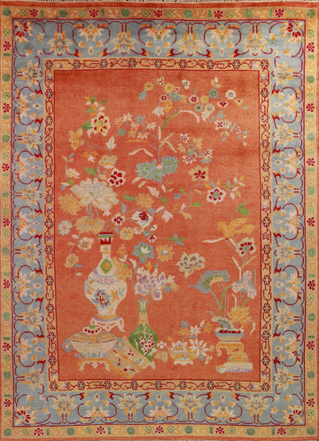 Orange Wool Pictorial Art Deco Oriental Area Rug 8x10