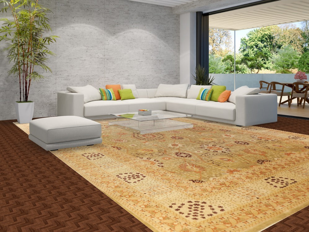 Vegetable Dye Gold Floral Tabriz Oriental Large Rug 12x18