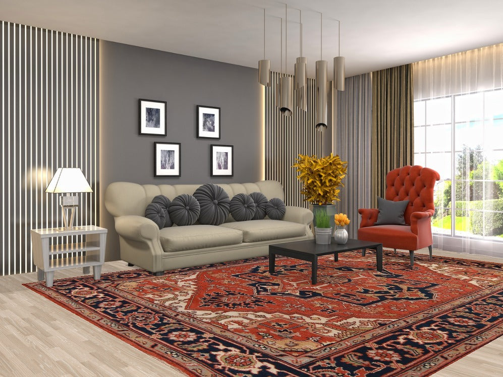 Orange Wool Medallion Heriz Serapi Indian Area Rug 9x12