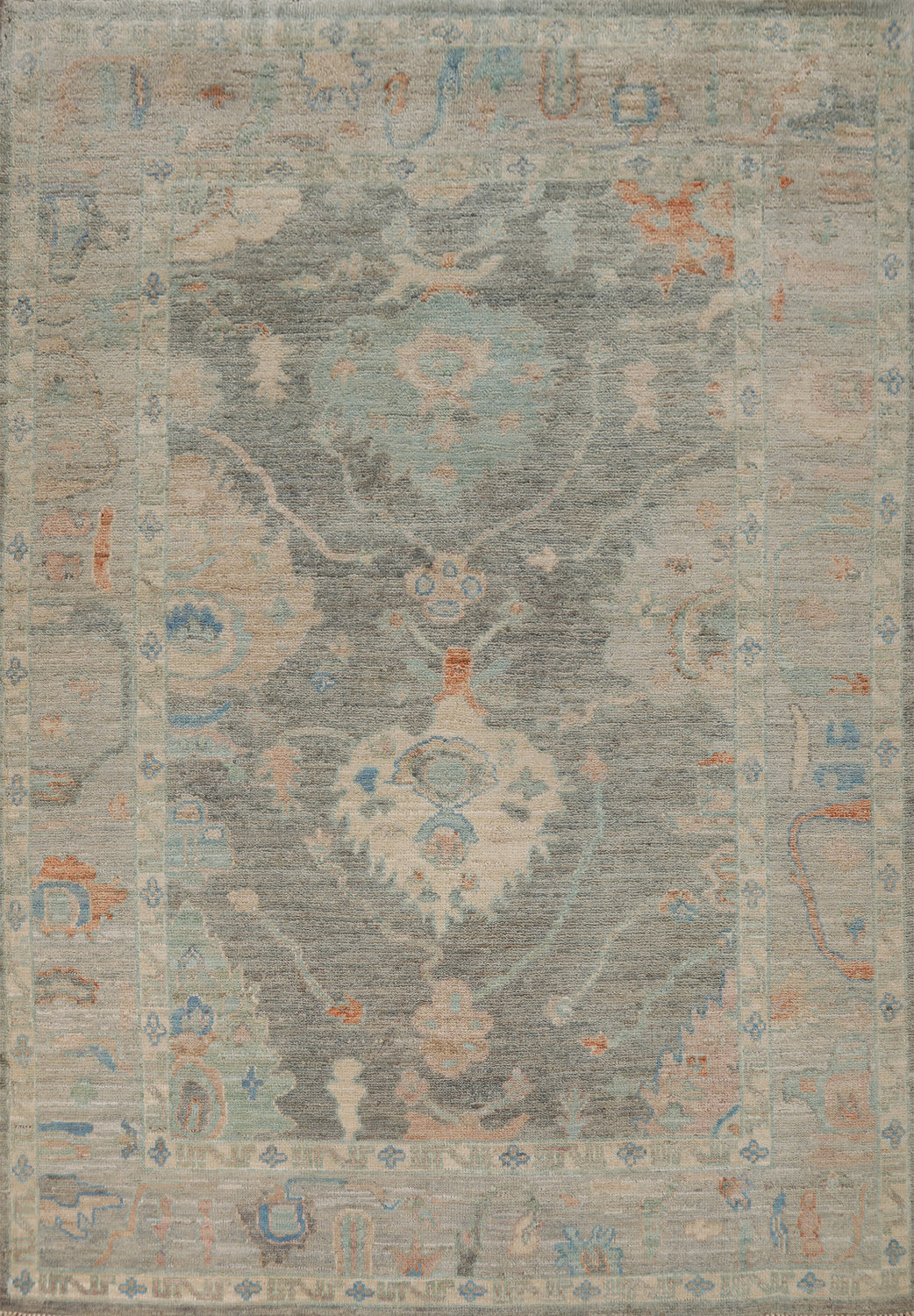 Vegetable Day Gray Wool Oushak Turkish Rug 5x7
