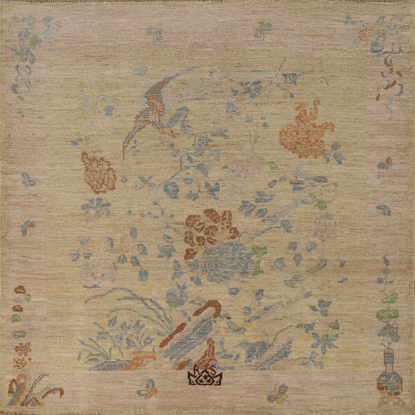 Vegetable Dye Pictorial Art Deco Turkish Square Rug 5x5