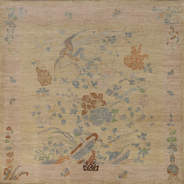 Vegetable Dye Pictorial Art Deco Turkish Square Rug 5x5