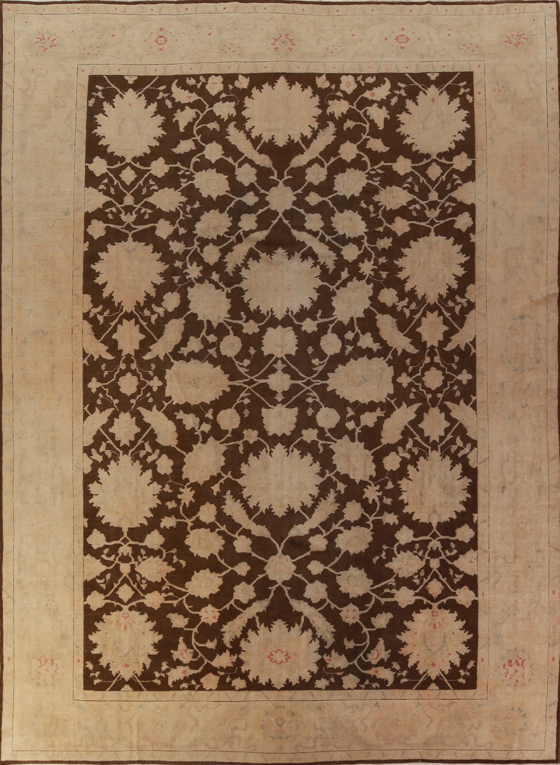 Vegetable Dye Brown Floral Oushak Turkish Area Rug 10x13