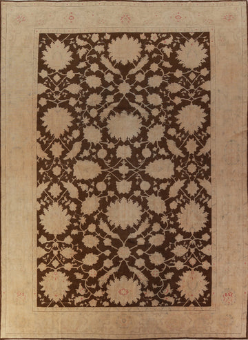 Vegetable Dye Brown Floral Oushak Turkish Area Rug 10x13