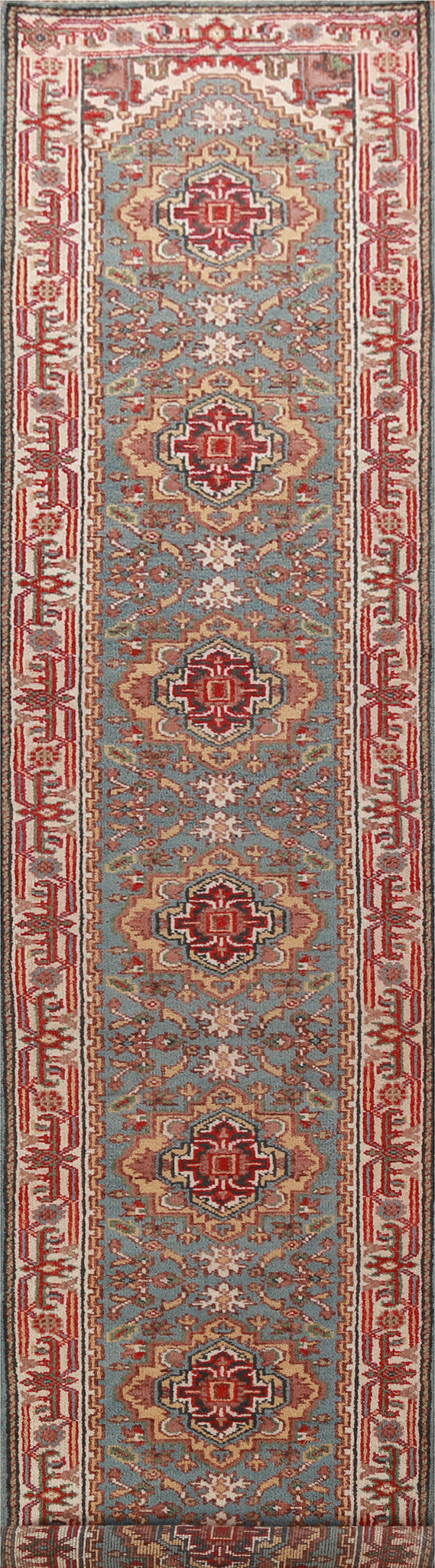 Light Blue Geometric Heriz Serapi Indian Runner Rug 3x16