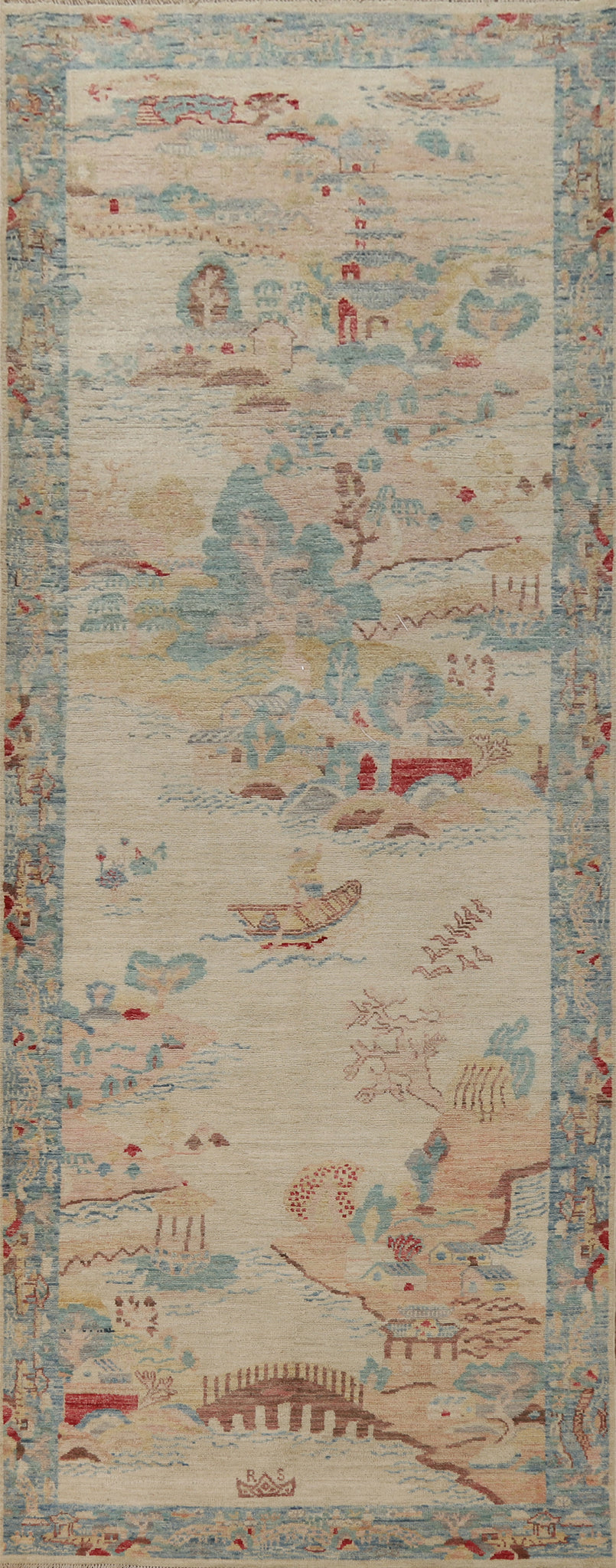 Vegetable Dye Art Deco Turkish Runner Rug 4x13