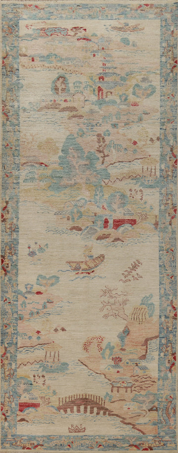Vegetable Dye Art Deco Turkish Runner Rug 4x13