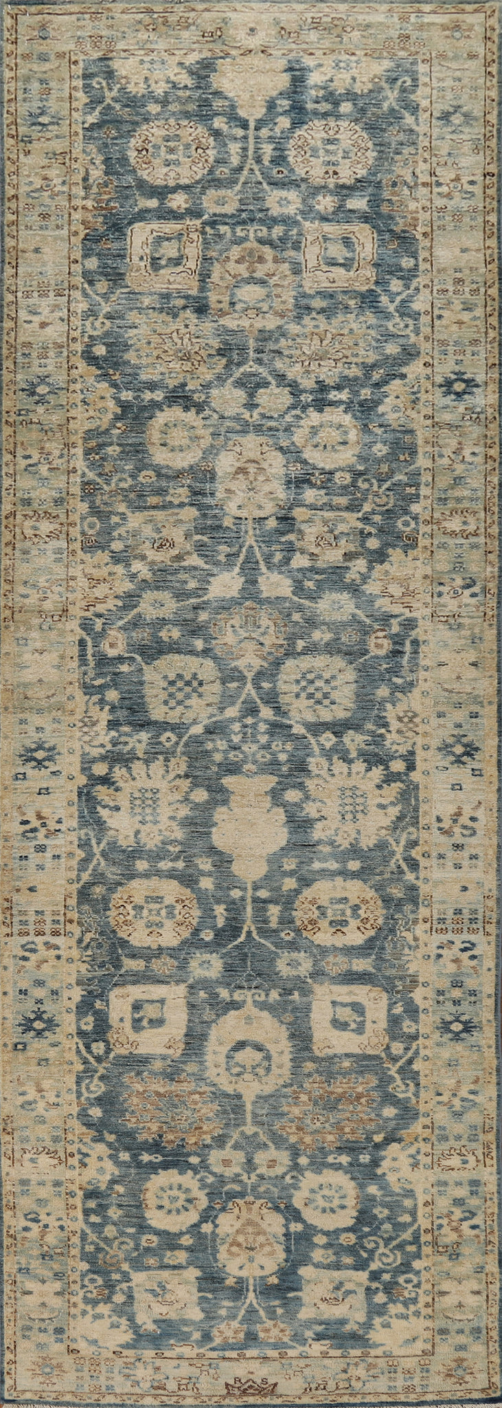 Vegetable Dye Blue Oushak Turkish Runner Rug 3x12