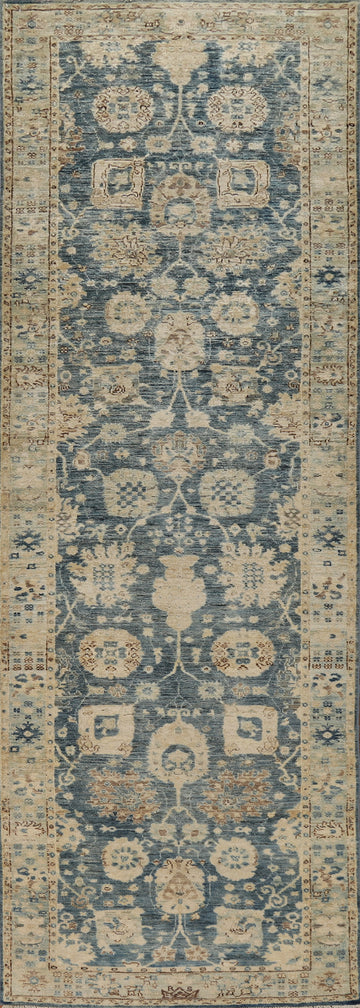 Vegetable Dye Blue Oushak Turkish Runner Rug 3x12
