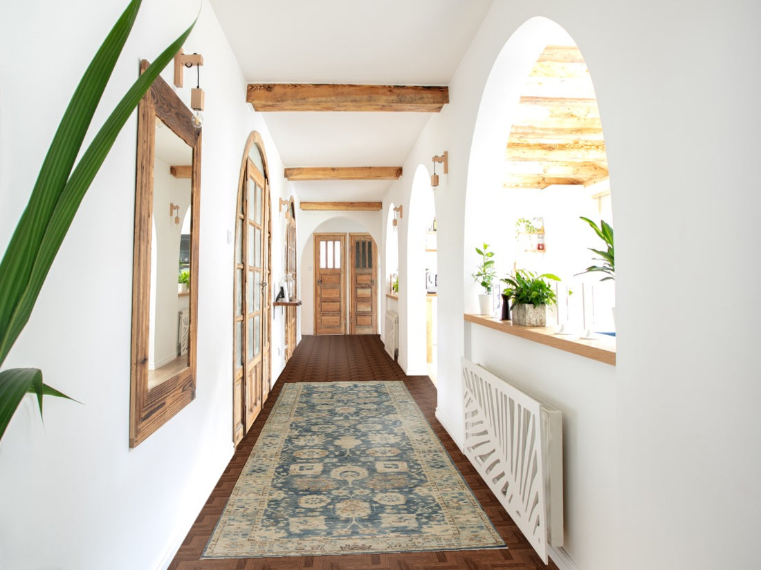 Vegetable Dye Blue Oushak Turkish Runner Rug 3x12