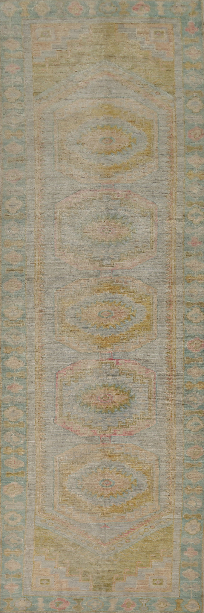 Vegetable Dye Geometric Oushak Turkish Runner Rug 3x12