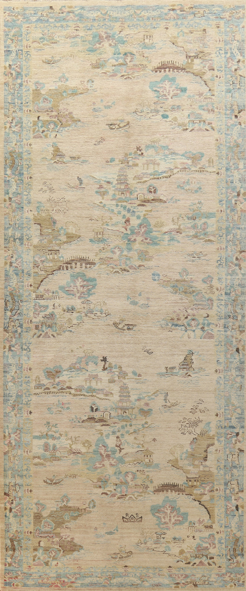 Vegetable Dye Wool Art Deco Turkish Runner Rug 5x14