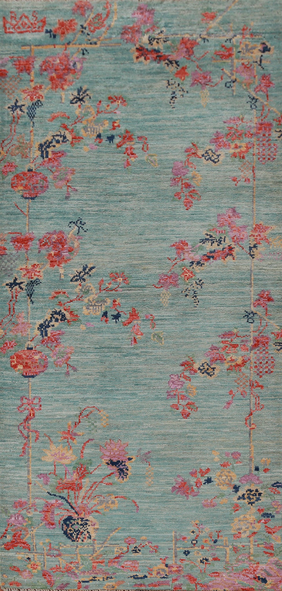 Vegetable Dye Blue Art Deco Turkish Runner Rug 3x7