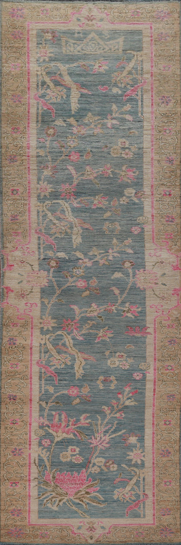 Vegetable Dye Blue Oushak Turkish Runner Rug 3x12