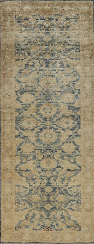 Vegetable Dye Blue Floral Oushak Turkish Runner Rug 3x10