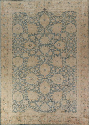 Vegetable Dye Blue Floral Oushak Turkish Area Rug 9x12