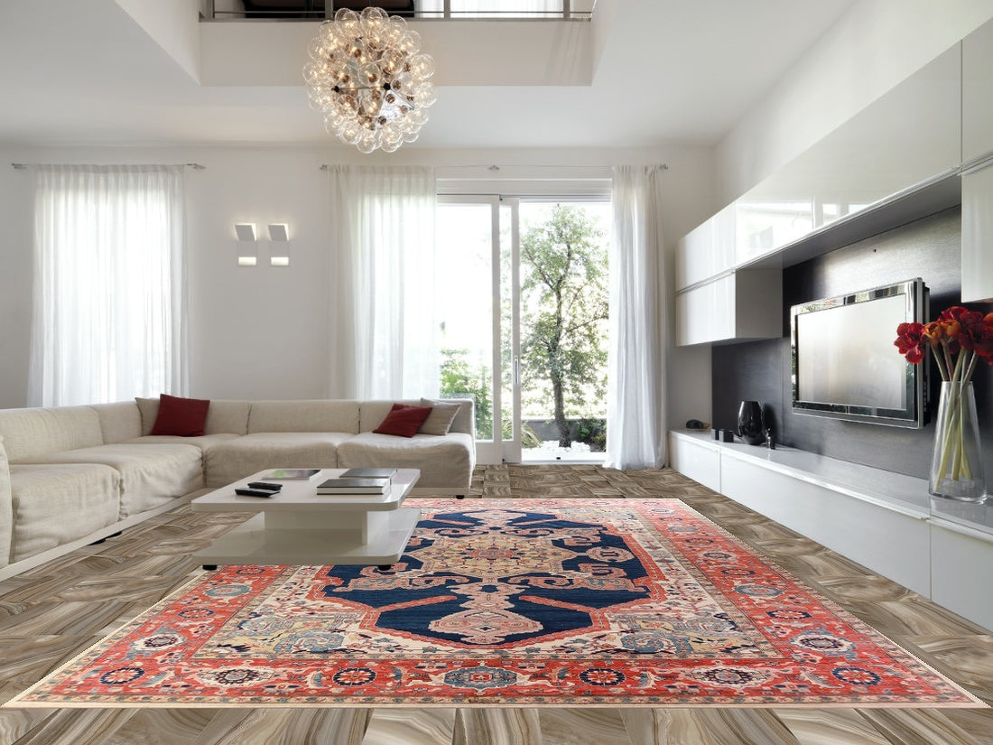 Vegetable Dye Blue Heriz Serapi Oriental Large Rug 12x18