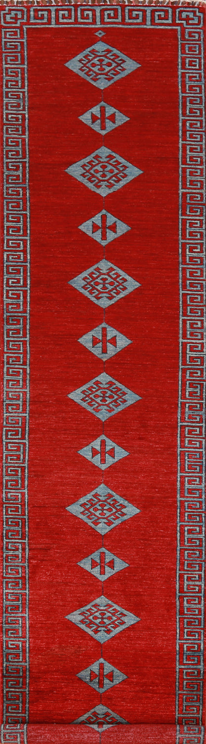 Red Geometric Kazak Oriental Runner Rug 3x15