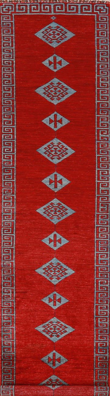 Red Geometric Kazak Oriental Runner Rug 3x15