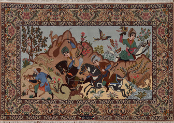 Hunting Animals Vegetable Dye Signed Isfahan Persian Rug 3x5