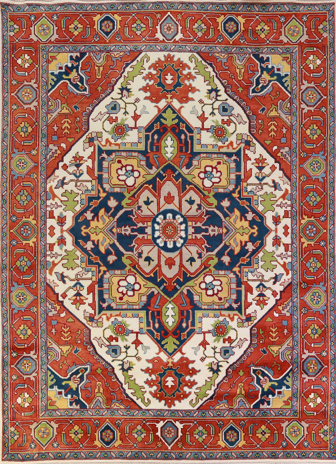 Ivory & Orange Medallion Heriz Serapi Indian Area Rug 9x12