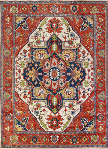 Ivory & Orange Medallion Heriz Serapi Indian Area Rug 9x12