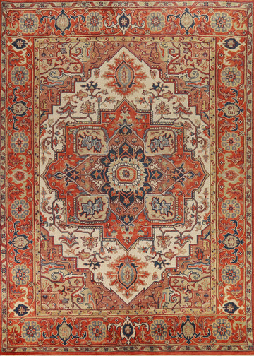 Ivory & Orange Wool Heriz Serapi Indian Area Rug 9x12